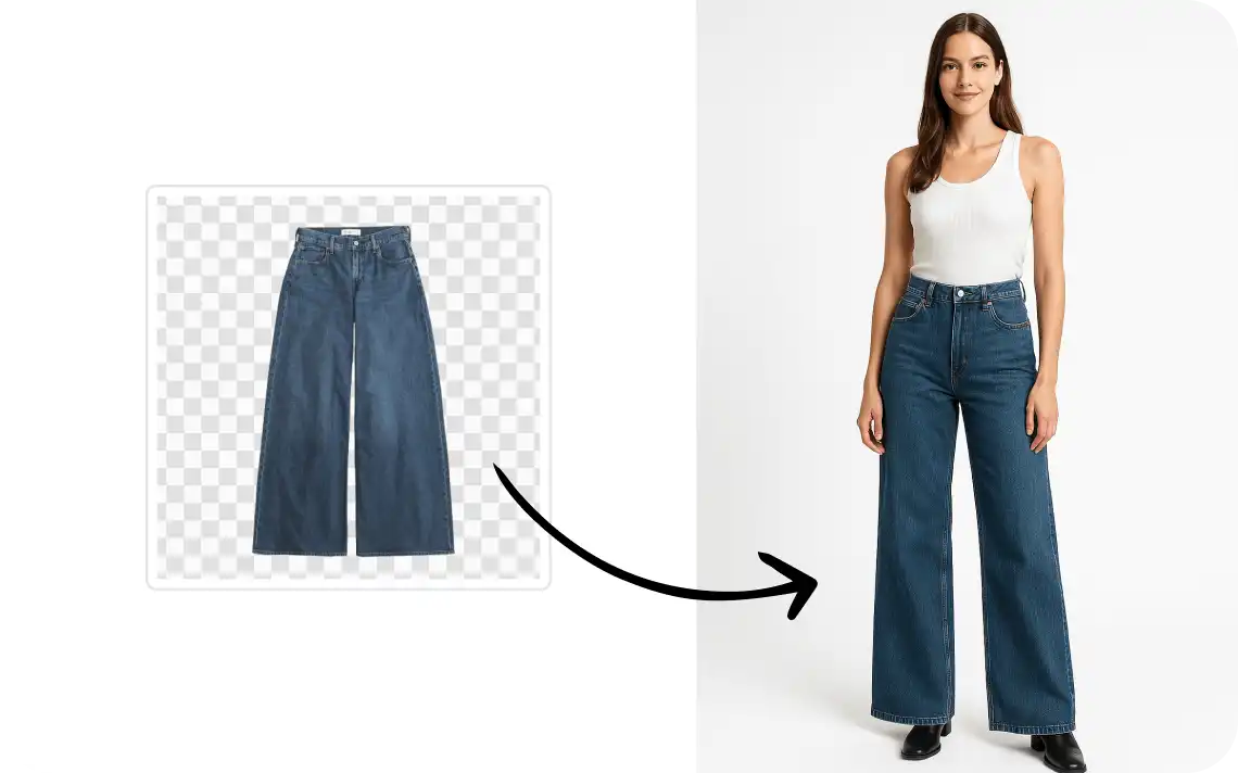 Transformation from flat-lay wide-leg jeans to model wearing them