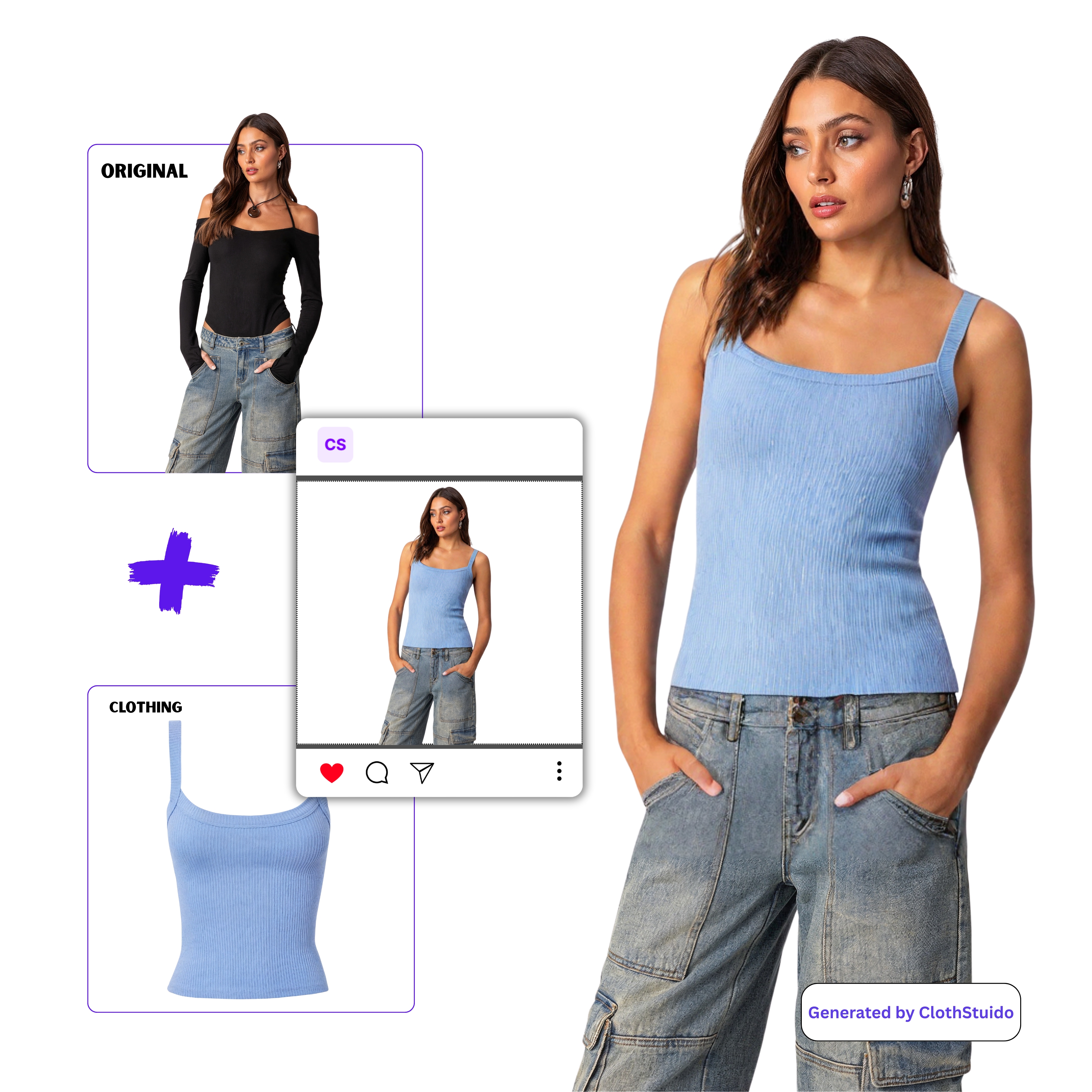 AI clothing try-on demo showing model selection and product transformation